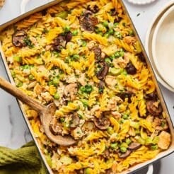 Healthy Tuna Noodle Casserole made with low calorie and dairy free with gluten free pasta for a healthy, high protein tuna casserole meal! Low Calorie + Gluten Free