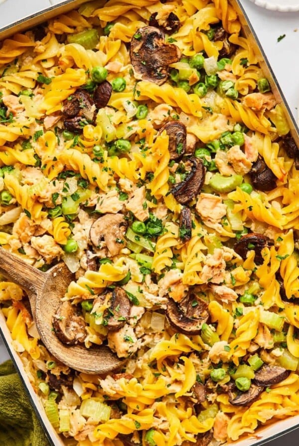 Healthy Tuna Noodle Casserole made with low calorie and dairy free with gluten free pasta for a healthy, high protein tuna casserole meal! Low Calorie + Gluten Free