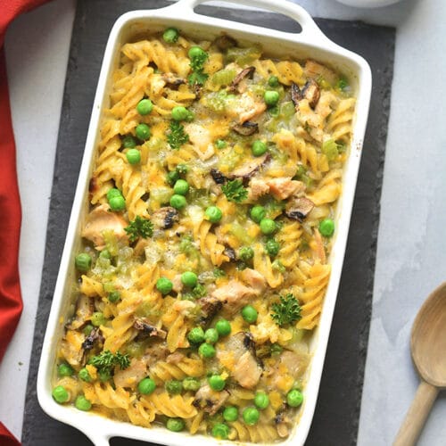 Healthy Tuna Noodle Casserole made with low calorie and dairy free with gluten free pasta for a healthy, high protein tuna casserole meal! Low Calorie + Gluten Free