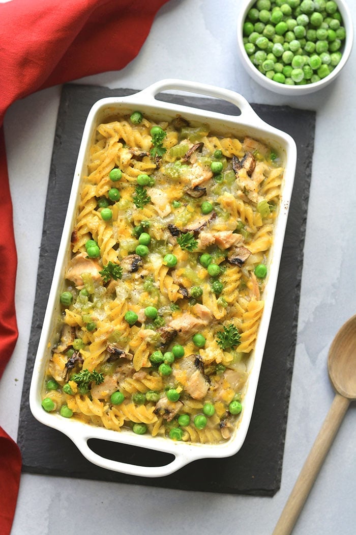 Healthy Tuna Noodle Casserole made with low calorie and dairy free with gluten free pasta for a healthy, high protein tuna casserole meal! Low Calorie + Gluten Free
