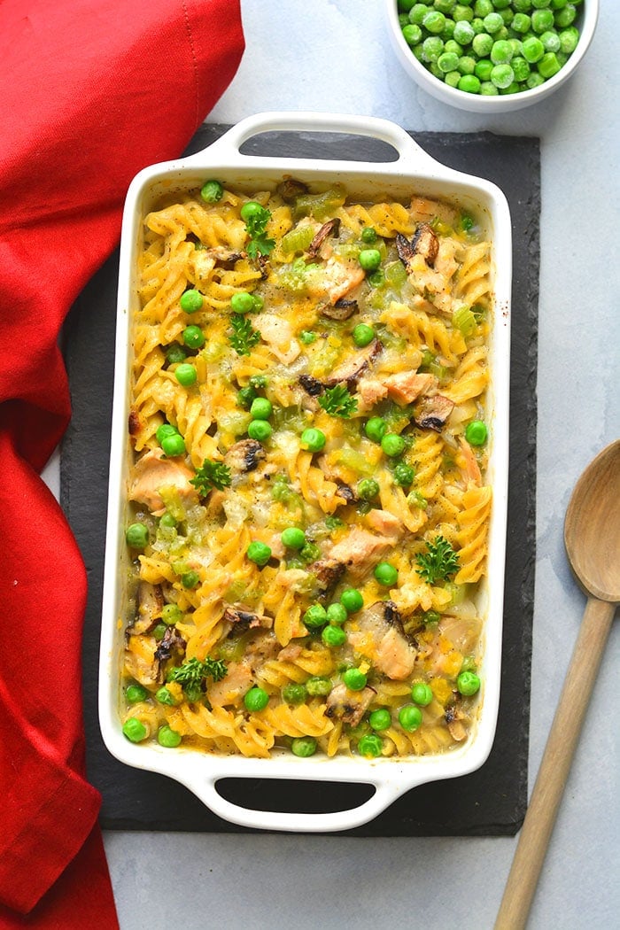 Healthy Tuna Noodle Casserole made with low calorie and dairy free with gluten free pasta for a healthy, high protein tuna casserole meal! Low Calorie + Gluten Free