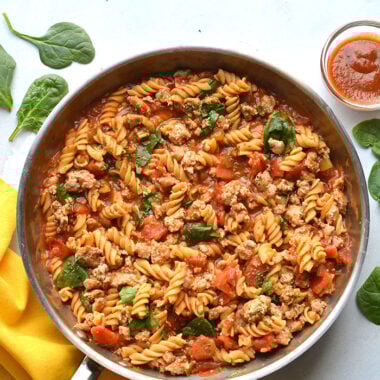 Healthy Monterrey Chicken Pasta is a protein packed pasta recipe made with a low calorie BBQ sauce, veggies and gluten free chickpea pasta.