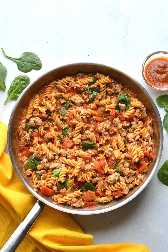 Healthy Monterrey Chicken Pasta is a protein packed pasta recipe made with a low calorie BBQ sauce, veggies and gluten free chickpea pasta.