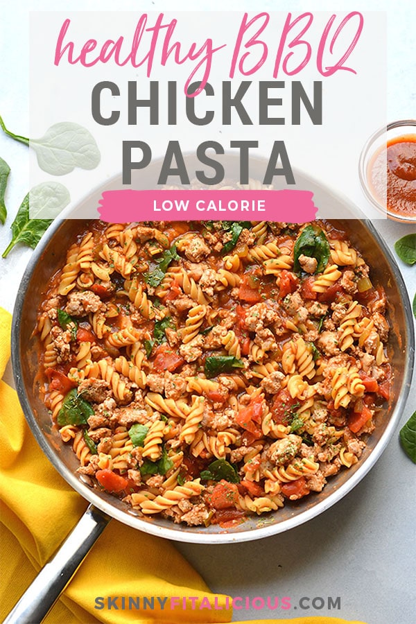 Healthy Monterrey Chicken Pasta is a protein packed pasta recipe made with a low calorie BBQ sauce, veggies and gluten free chickpea pasta.