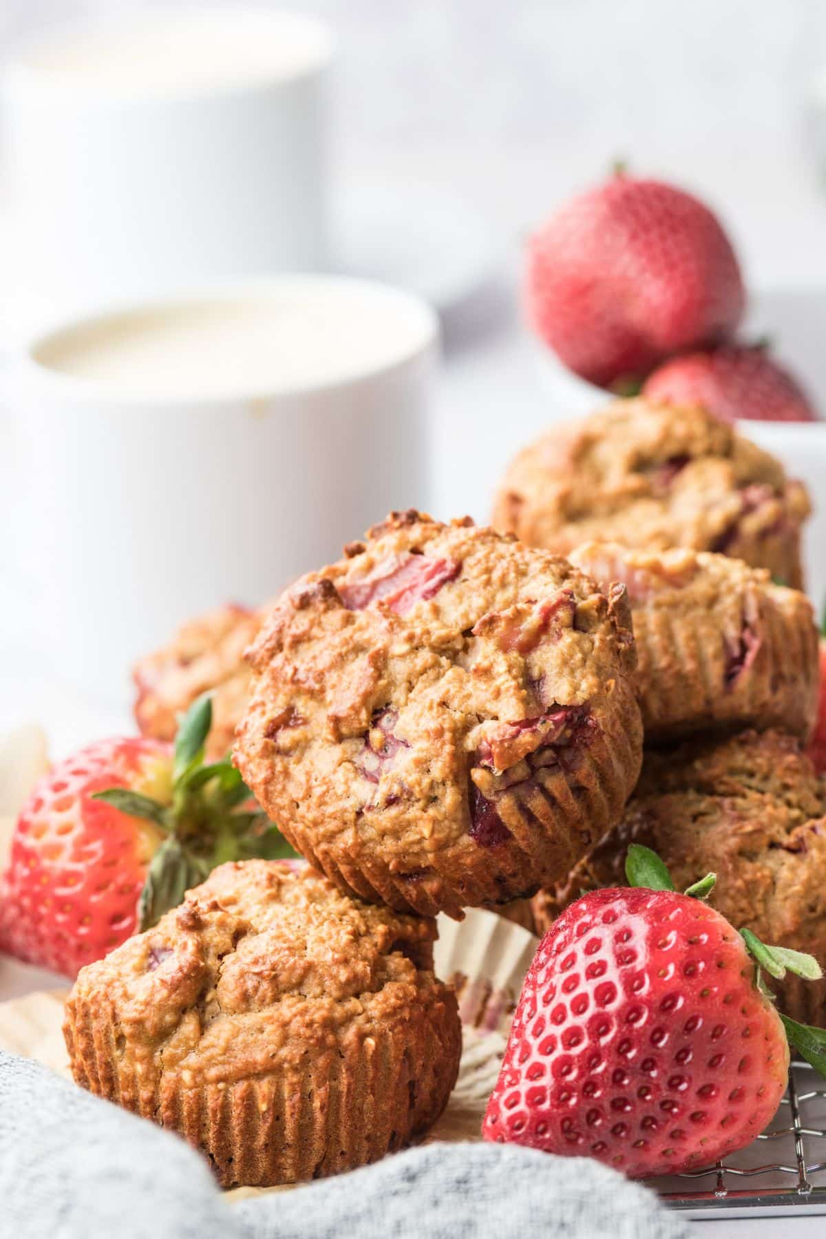 A pile of strawberry protein muffins.