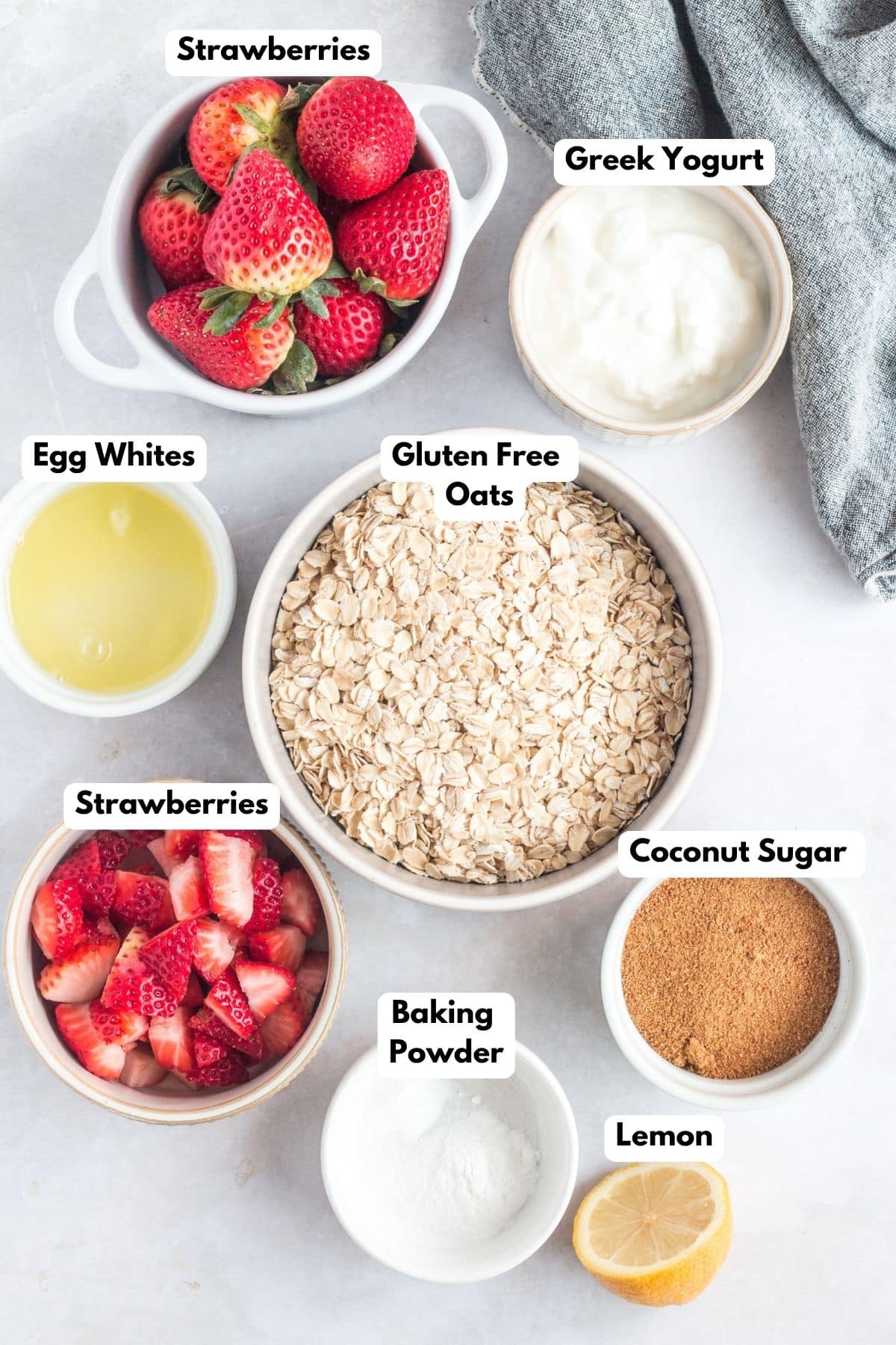 Ingredients for making these strawberry muffins in bowls.