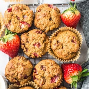 A pile of strawberry protein muffins.