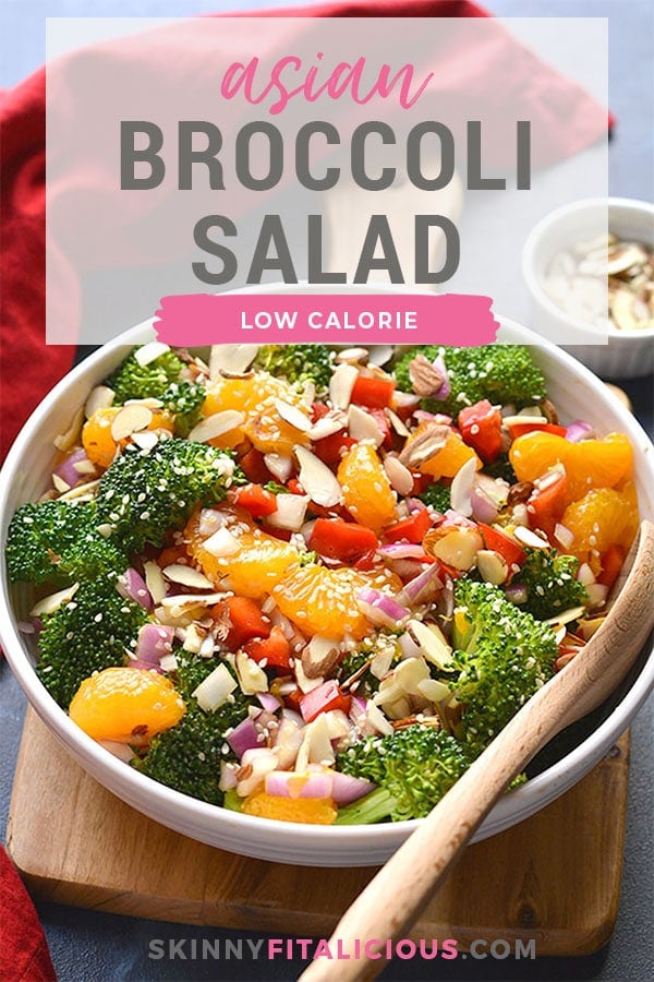 Healthy Asian Broccoli Salad is a delicious low calorie broccoli salad mixed with almonds, veggies, mandarin oranges and an Asian marinade. Served chilled for a super healthy side salad or appetizer!