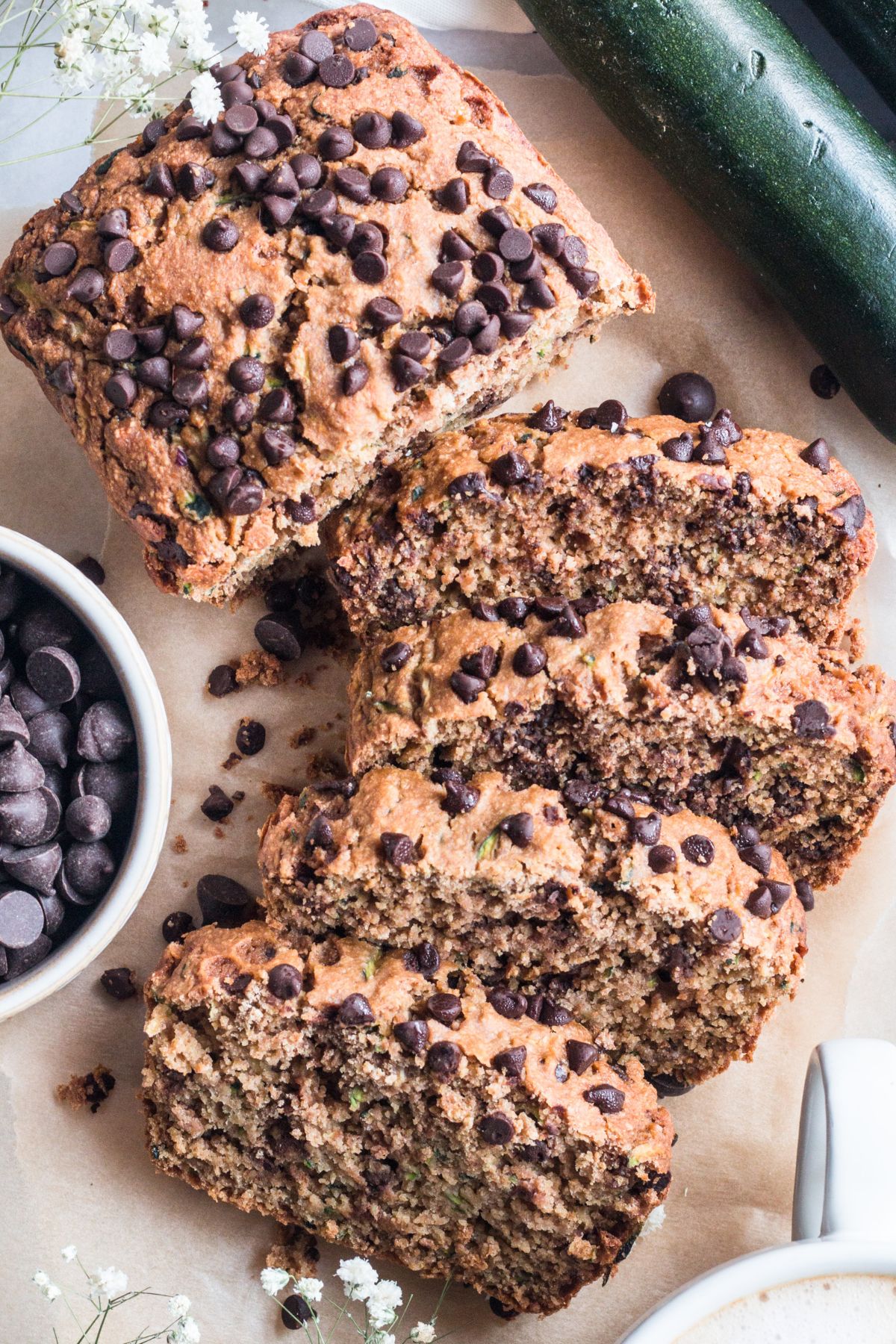 Slices of low calorie zucchini bread.