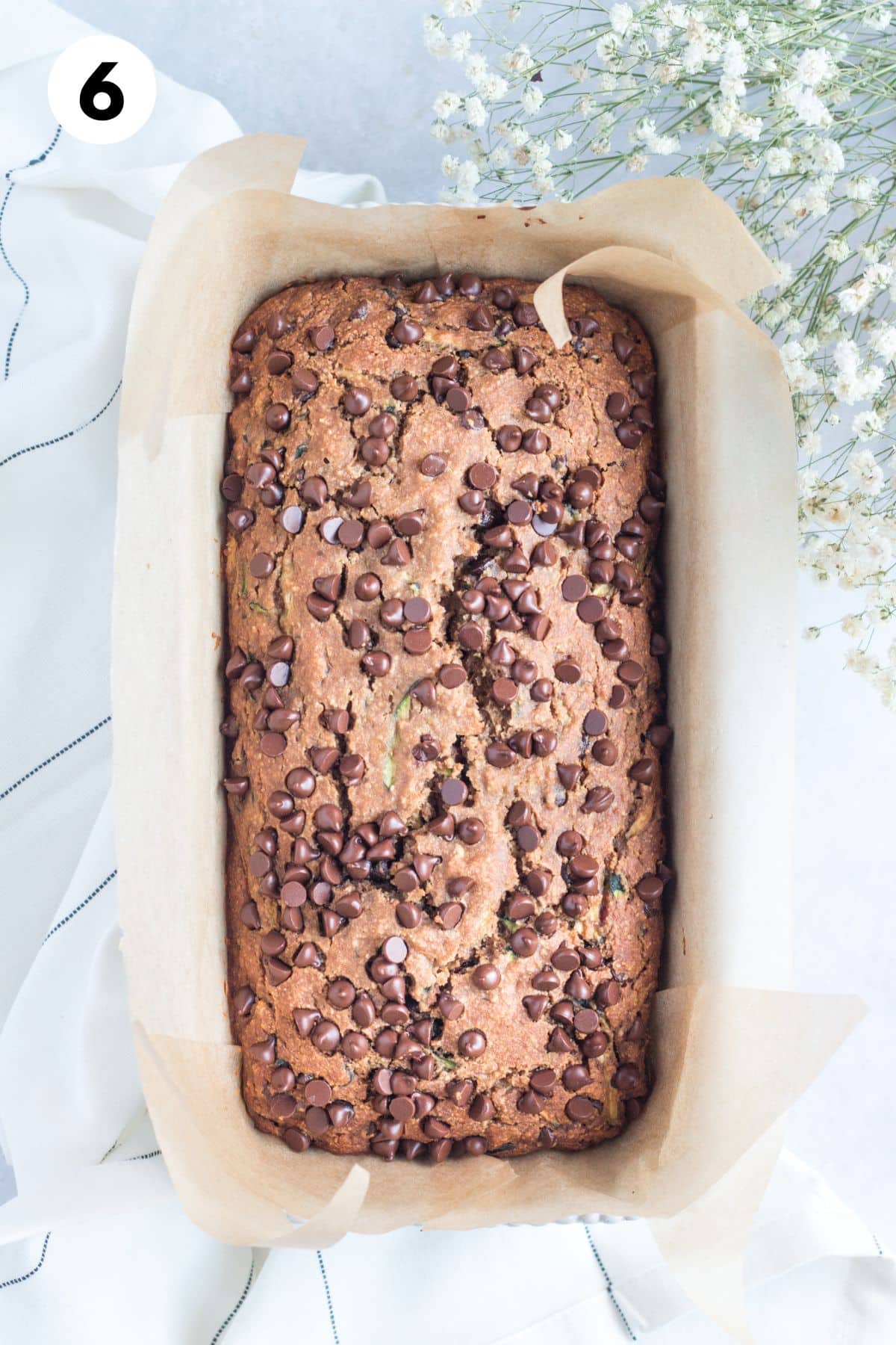 Baked zucchini bread in a loaf pan.