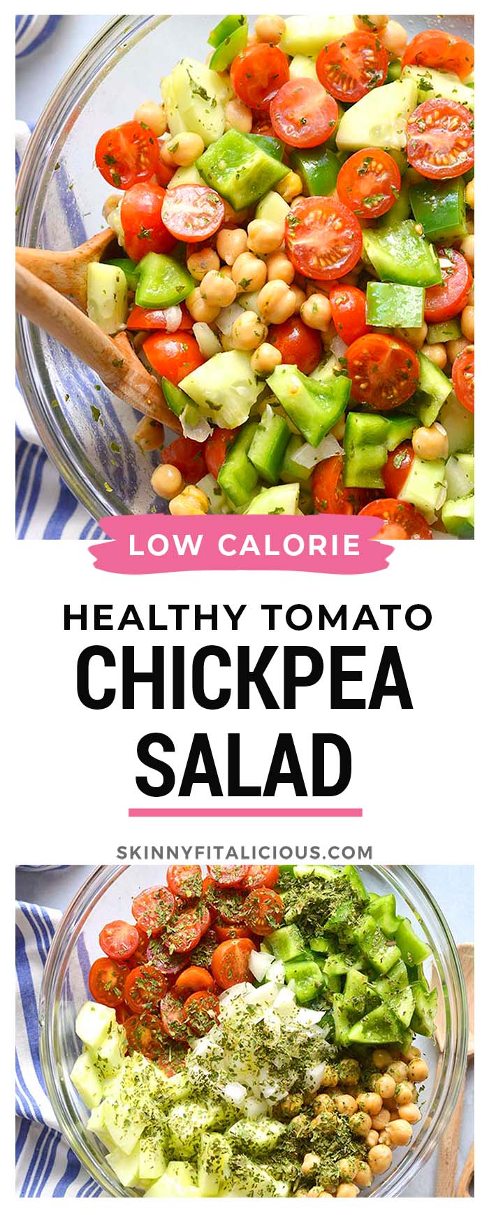 Healthy Chickpea Tomato Cucumber Salad is a low calorie side dish that's easy to make, delicious and doubles as an appetizer. A light and filling side salad that goes easily with any meal and great for warm weather eating.