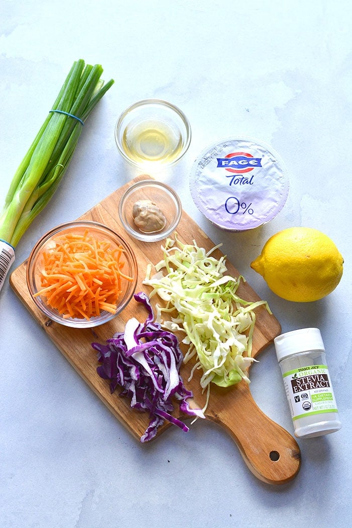 ingredients for coleslaw with no sugar or mayo on a board