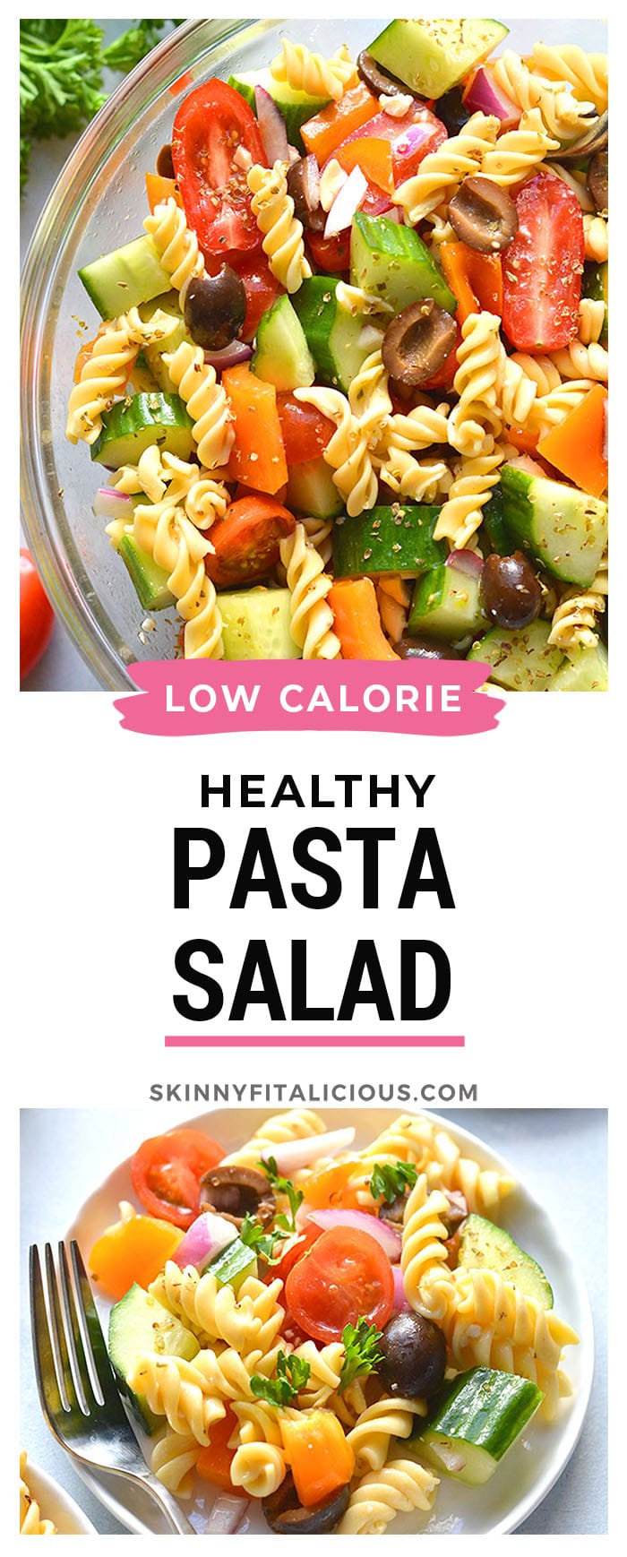Low Calorie Pasta Salad is loaded with vegetables and chickpea pasta. Made light with healthy ingredients this tasty, gluten free and dairy free pasta salad recipe is one you will make time and again. 