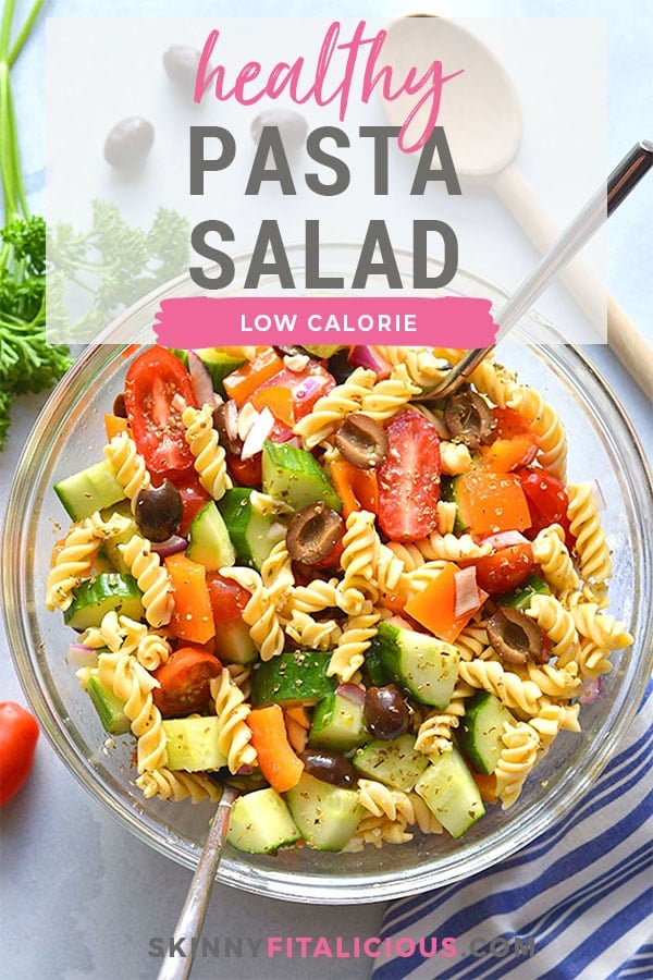 Low Calorie Pasta Salad is loaded with vegetables and chickpea pasta. Made light with healthy ingredients this tasty, gluten free and dairy free pasta salad recipe is one you will make time and again. 