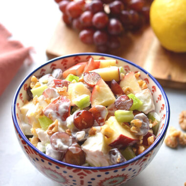 Healthy Waldorf Salad is made low calorie with a creamy, lemon Greek yogurt sauce with no added sugar and no mayo. A healthy side dish or appetizer that's easy to make, naturally gluten free and delicious! Gluten Free + Low Calorie