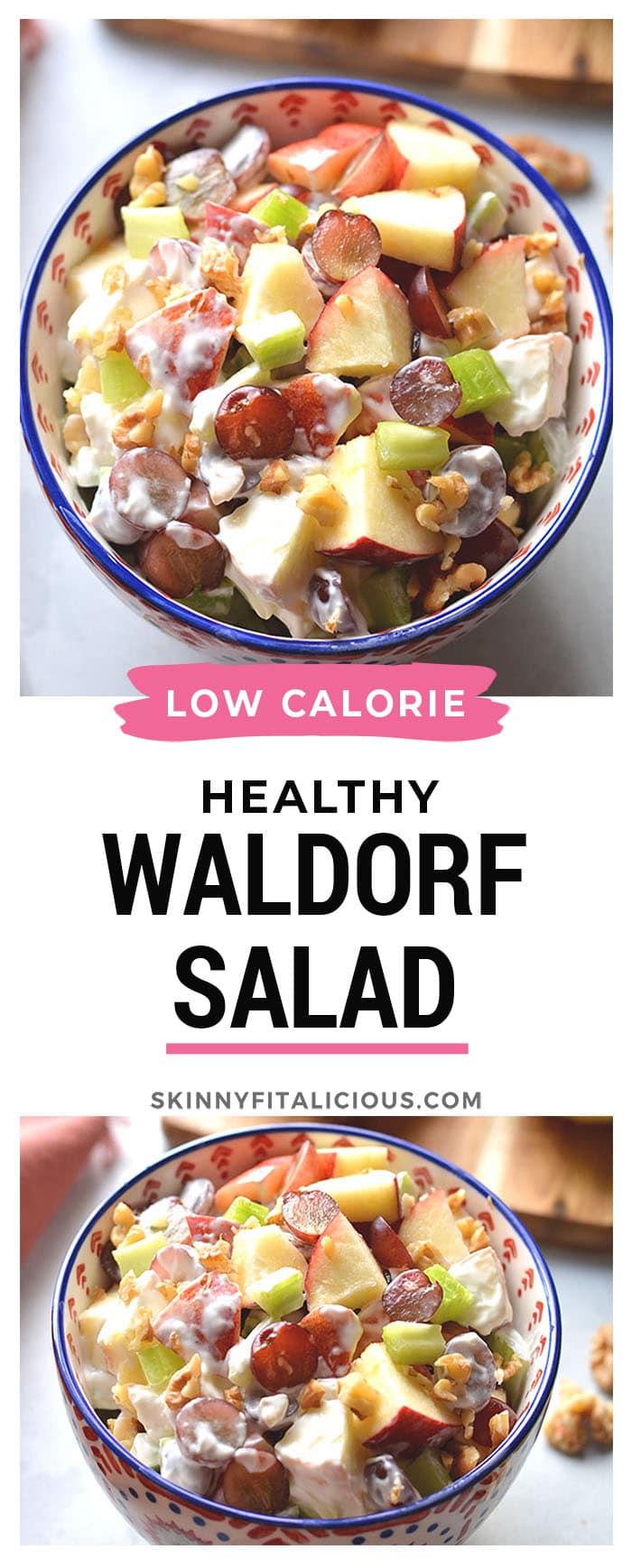 Healthy Waldorf Salad is made low calorie with a creamy, lemon Greek yogurt sauce with no added sugar and no mayo.  A healthy side dish or appetizer that's easy to make, naturally gluten free and delicious! 