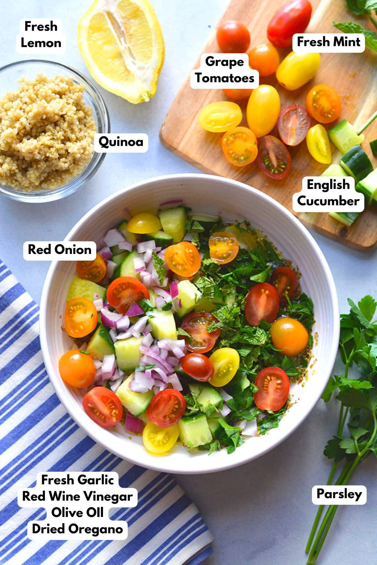 Ingredients to make a healthy tabbouleh salad in a bowl and on a cutting board.