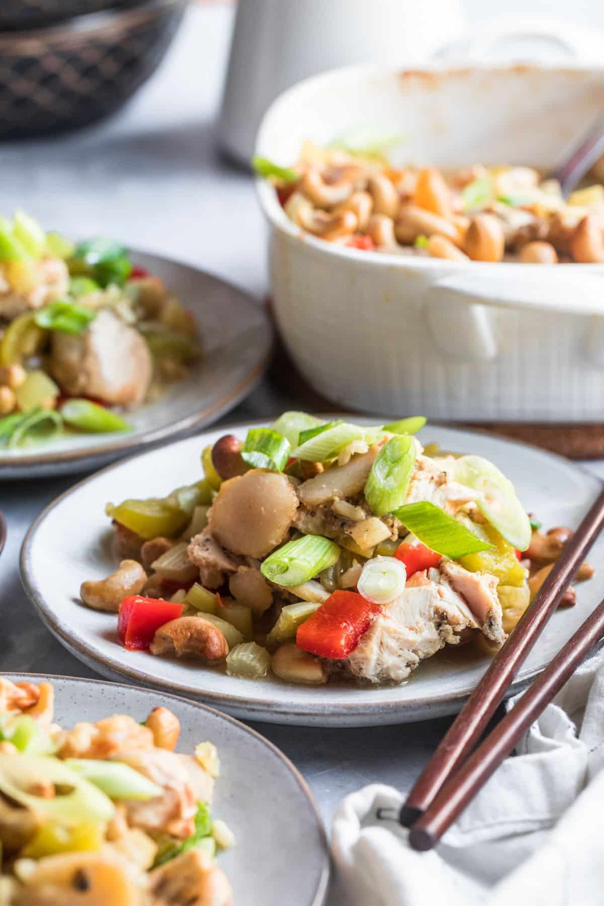 Cashew chicken bake on a plate.