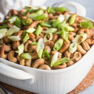 Cashew chicken bake in a casserole dish.