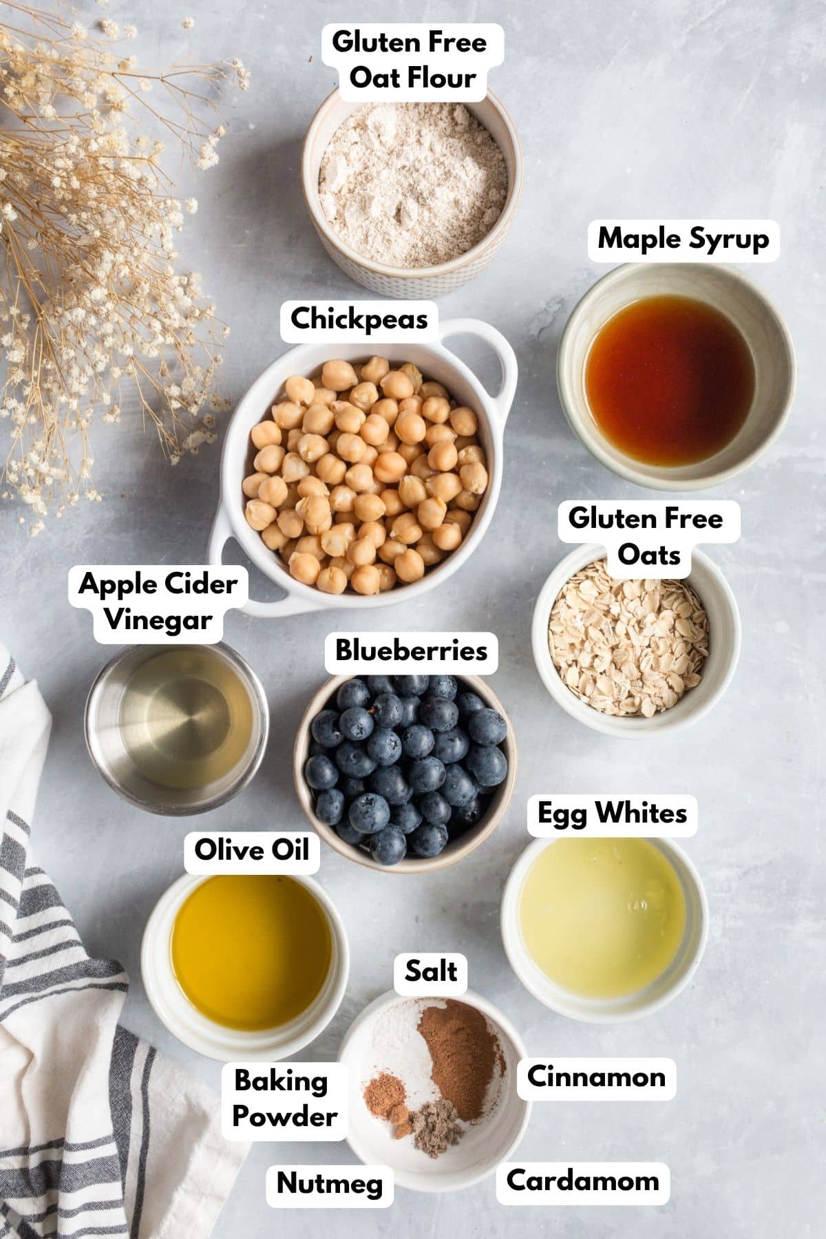 Ingredients for making blueberry donuts in bowls.