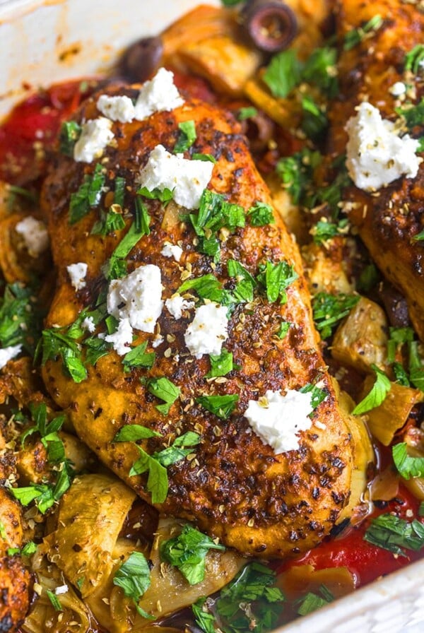 Healthy Greek Chicken Casserole is a low calorie, Mediterranean meal paired with vegetables and cauliflower rice. A gluten free recipe with Greek flavors that tastes amazing!