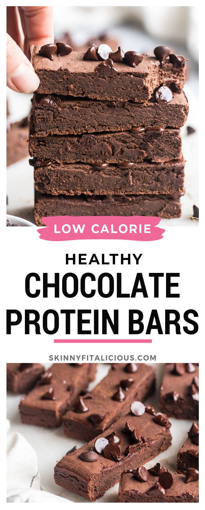 Healthy Chocolate Protein Bars are made with 6 real food ingredients and no added sugar. The perfect low calorie and gluten free protein snack that's simple to make and a treat even picky eaters will love!