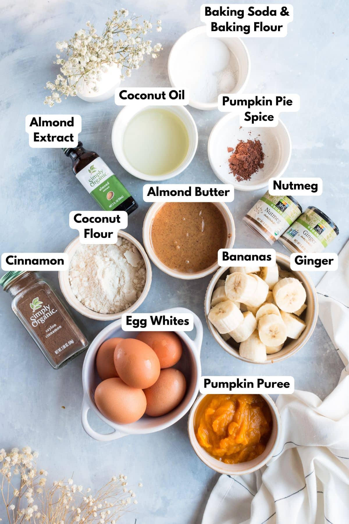 Ingredients for making gluten free pancakes in bowls.