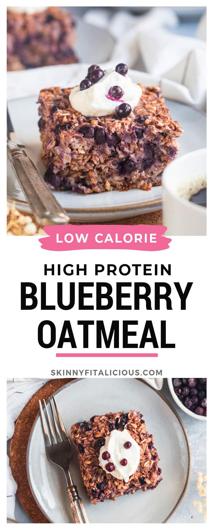 High Protein Blueberry Oatmeal Bake recipe is a healthy breakfast that is low calorie, gluten free and packed with protein. 