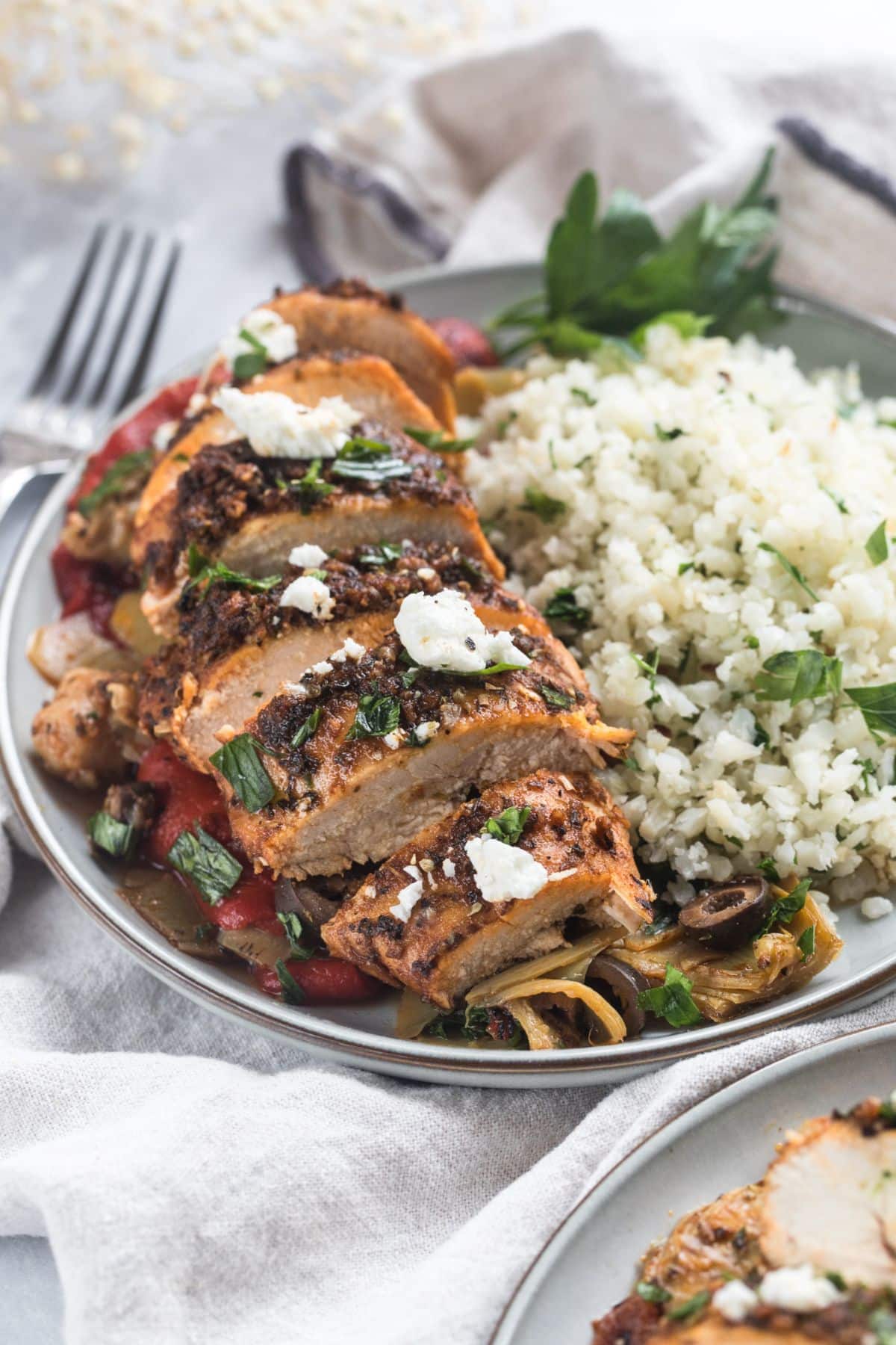Greek chicken casserole in a bowl.