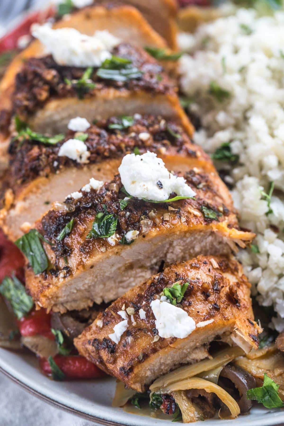Greek chicken casserole in a bowl.