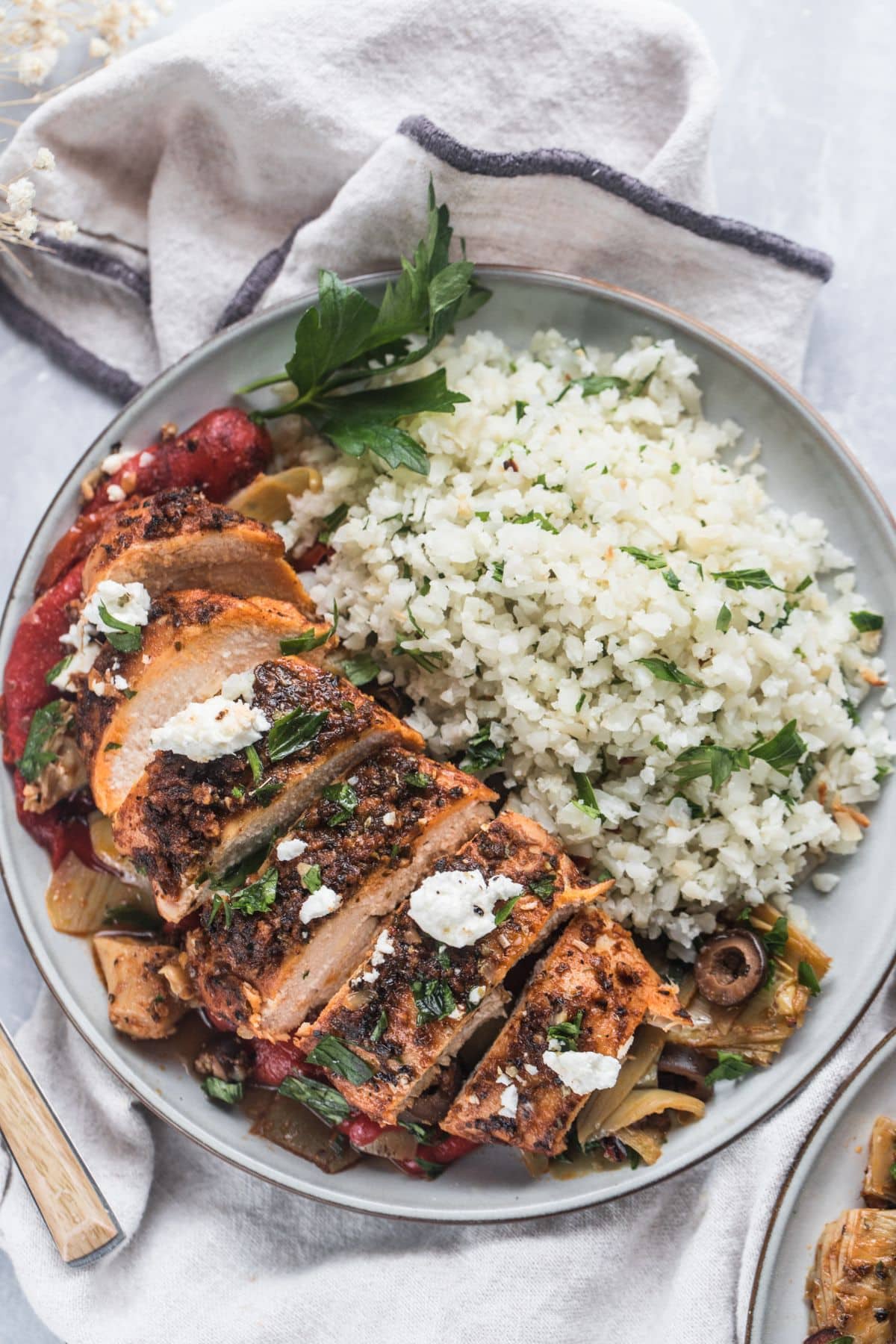 Greek chicken casserole in a bowl.