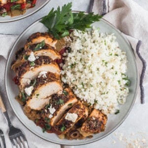 Greek chicken casserole in a bowl.