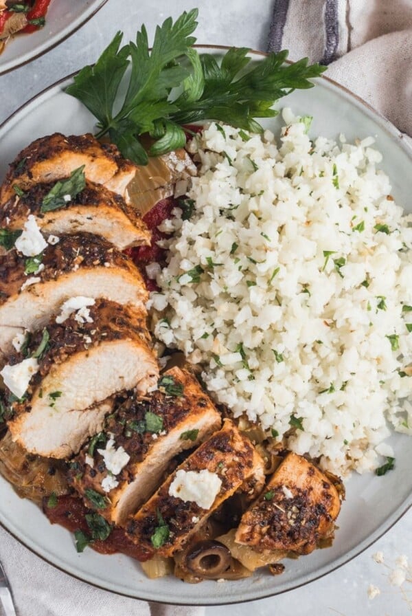 Greek chicken casserole in a bowl.