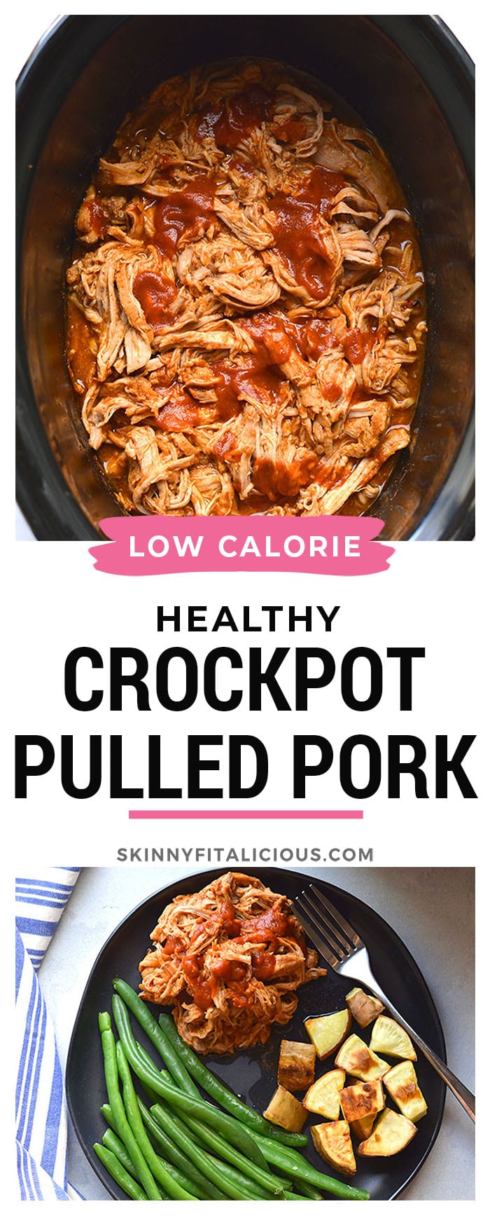 Healthy Crockpot Pulled Pork is a low calorie, low carb recipe. Perfect for easy meals and meal prep. Serve over a salad, in lettuce wraps, in grain free buns, over cauliflower rice or brown rice. A simple, slow cooker meal that takes little effort and tastes delicious! 