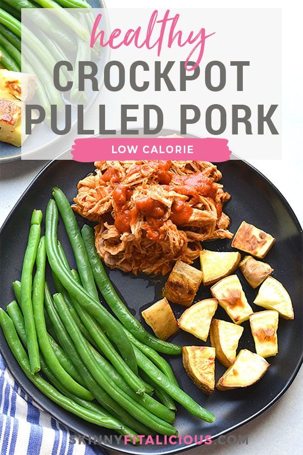 Healthy Crockpot Pulled Pork is a low calorie, low carb recipe. Perfect for easy meals and meal prep. Serve over a salad, in lettuce wraps, in grain free buns, over cauliflower rice or brown rice. A simple, slow cooker meal that takes little effort and tastes delicious! 