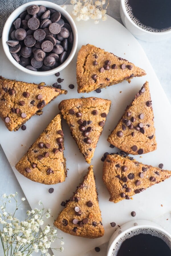 Healthy Pumpkin Scones made low calorie and gluten free with oat flour, minimal added sugar and chocolate chips.