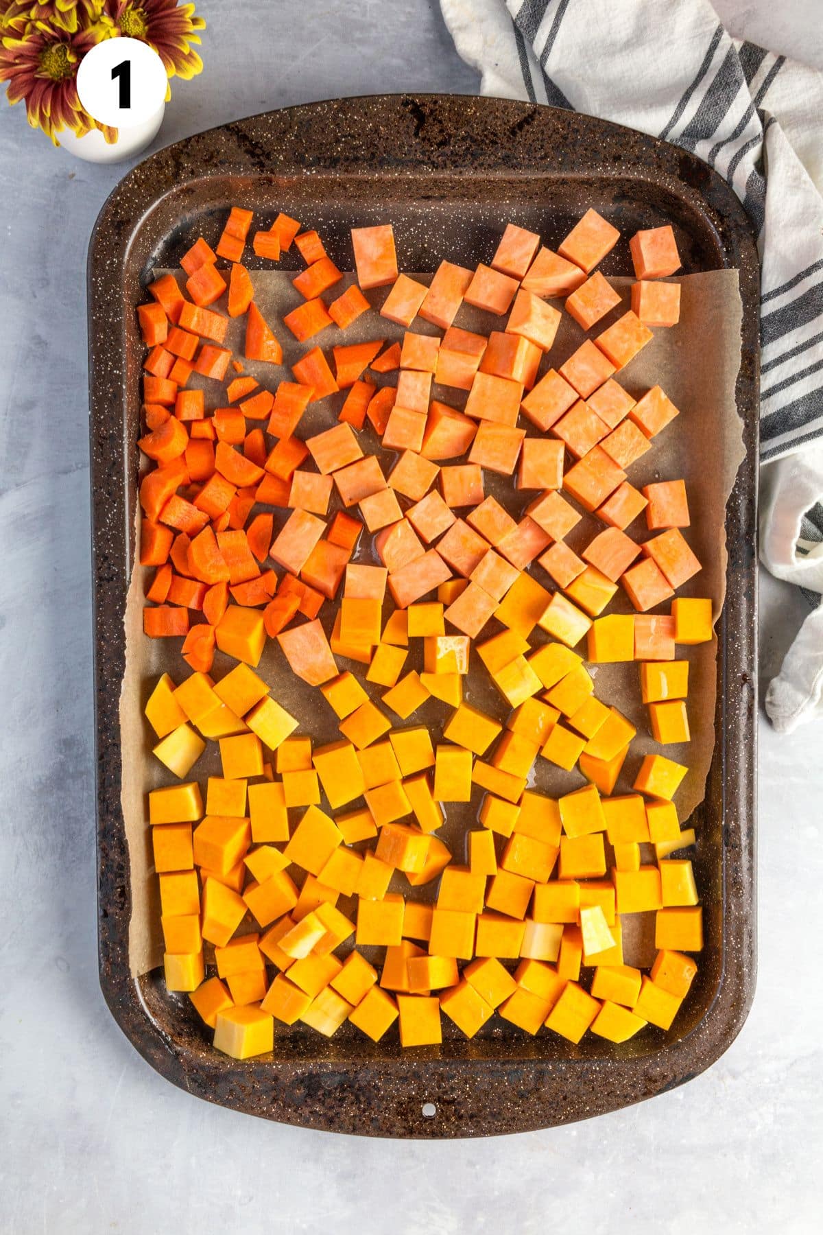 Chopped veggies on a baking sheet.