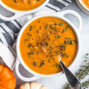 A bowl of butternut squash and sweet potato soup.