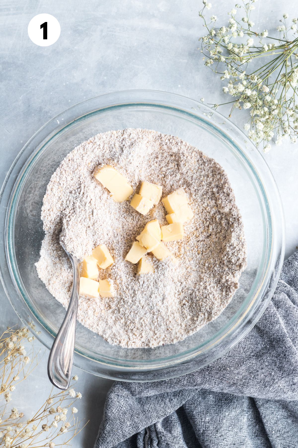 Dry ingredients and butter in a mixing bowl.
