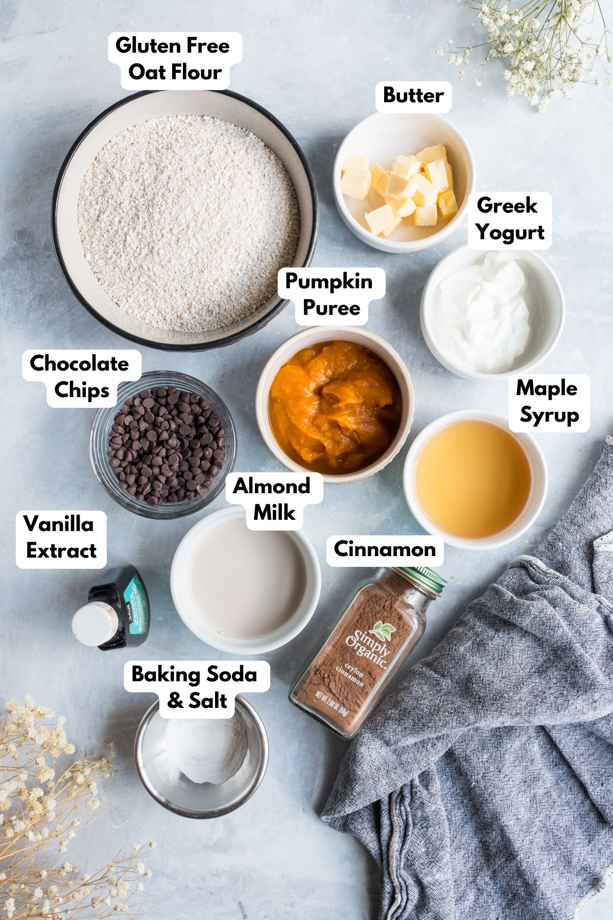 Ingredients for making gluten free pumpkin scones in bowls.