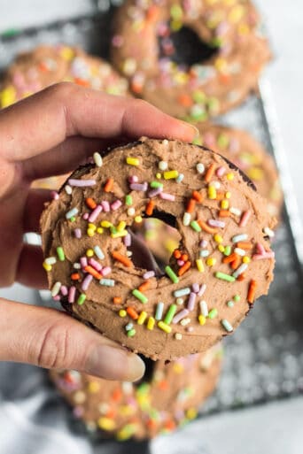 Healthy Chocolate Protein Donuts made low calorie and gluten free with a lighter cream cheese protein frosting. A delicious, healthy protein donut recipe that's versatile and easy to make.