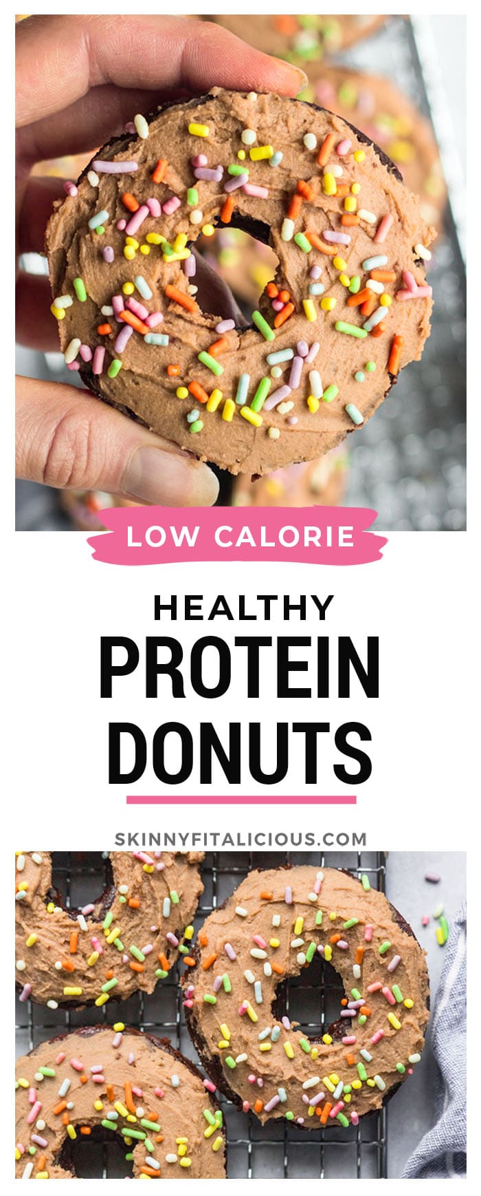 Healthy Chocolate Protein Donuts made low calorie and gluten free with a lighter cream cheese protein frosting. A delicious, healthy protein donut recipe that's versatile and easy to make. 