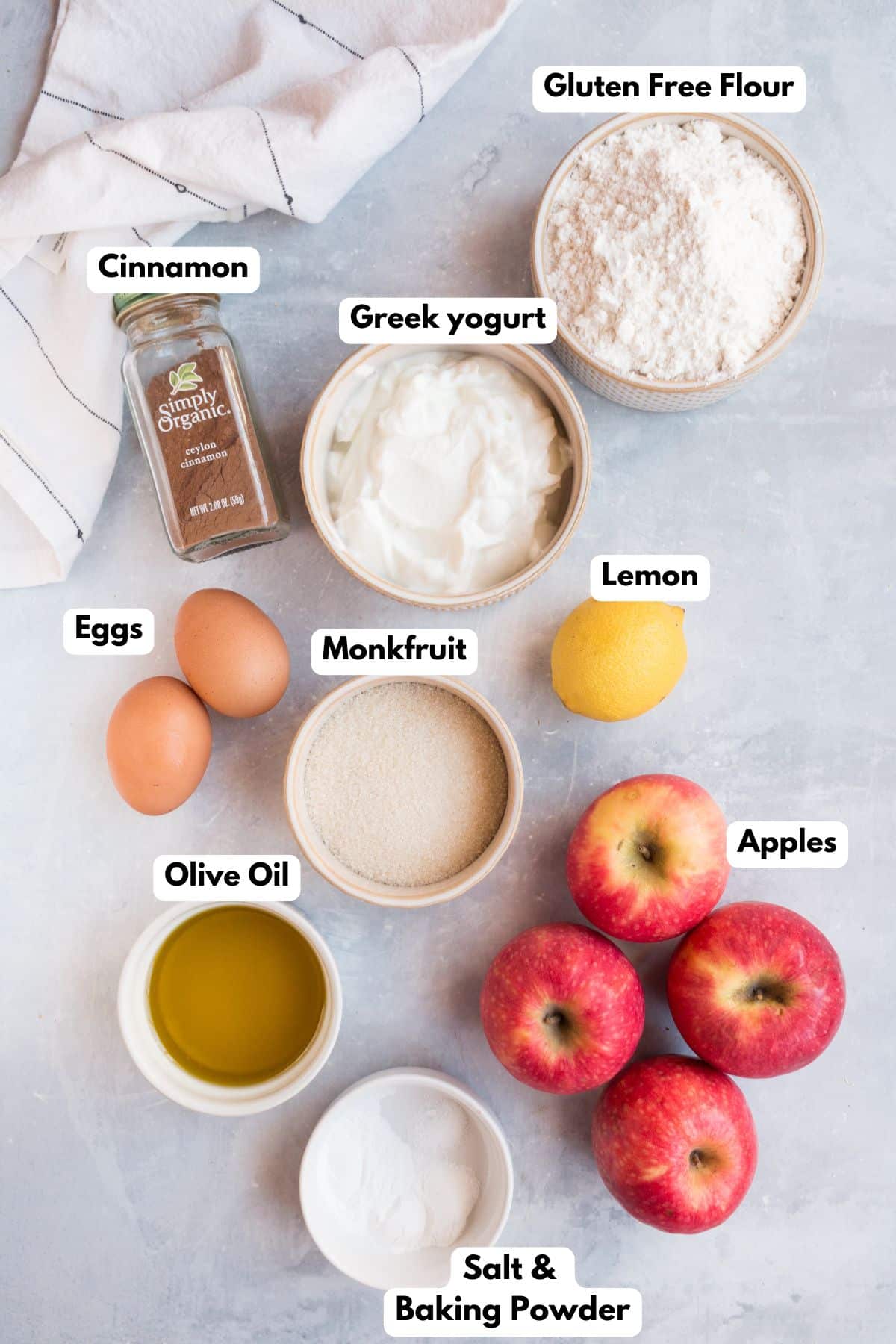 Ingredients for making Greek yogurt cake in bowls.