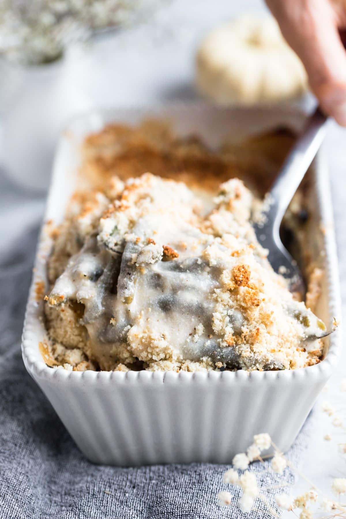 Healthy green bean casserole in a baking dish.