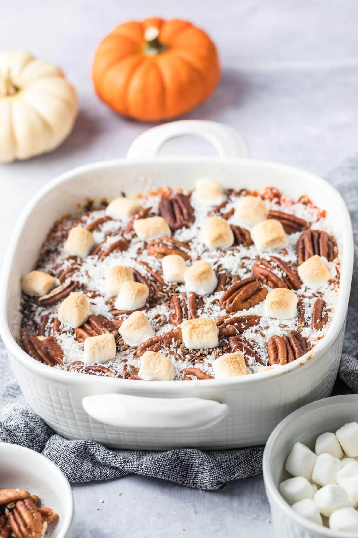 Healthy sweet potato casserole in a baking dish.