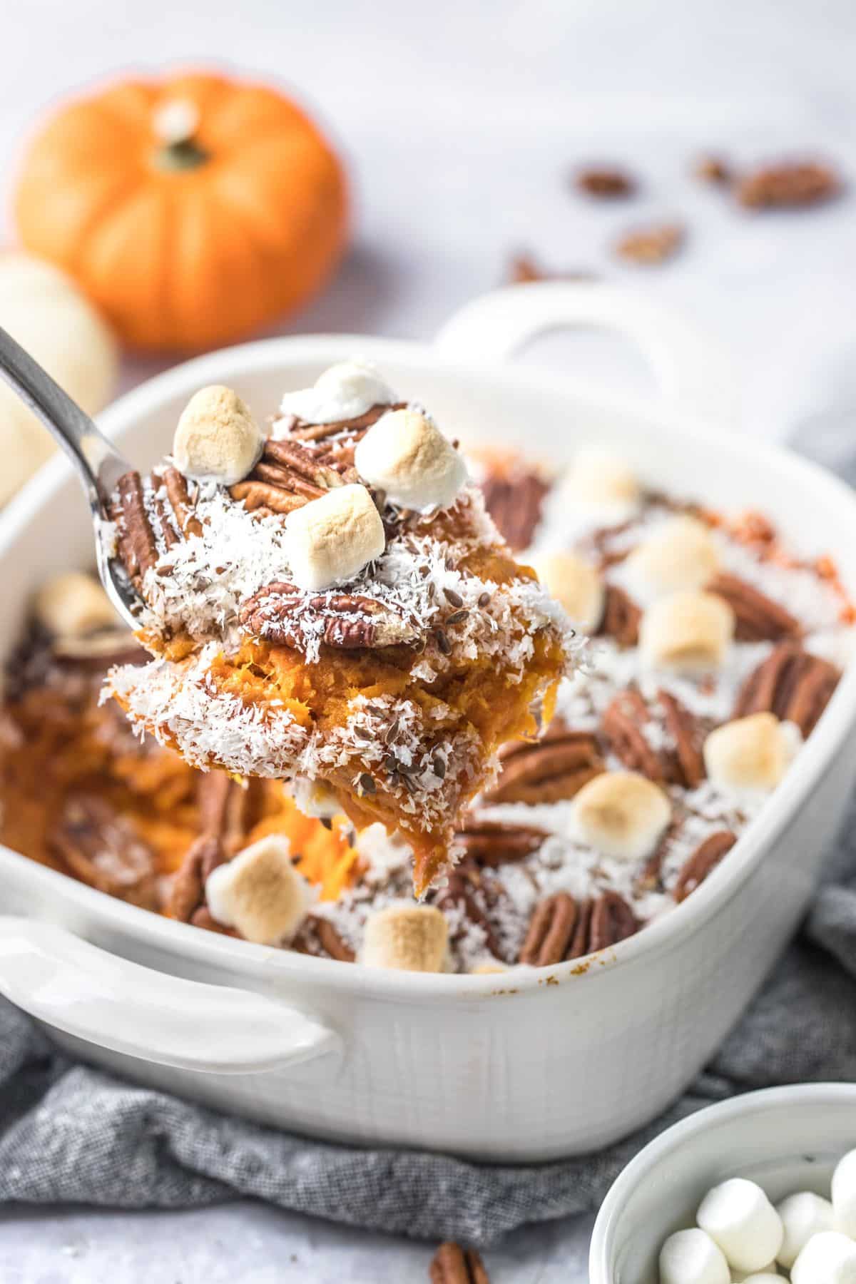 Healthy sweet potato casserole in a baking dish.