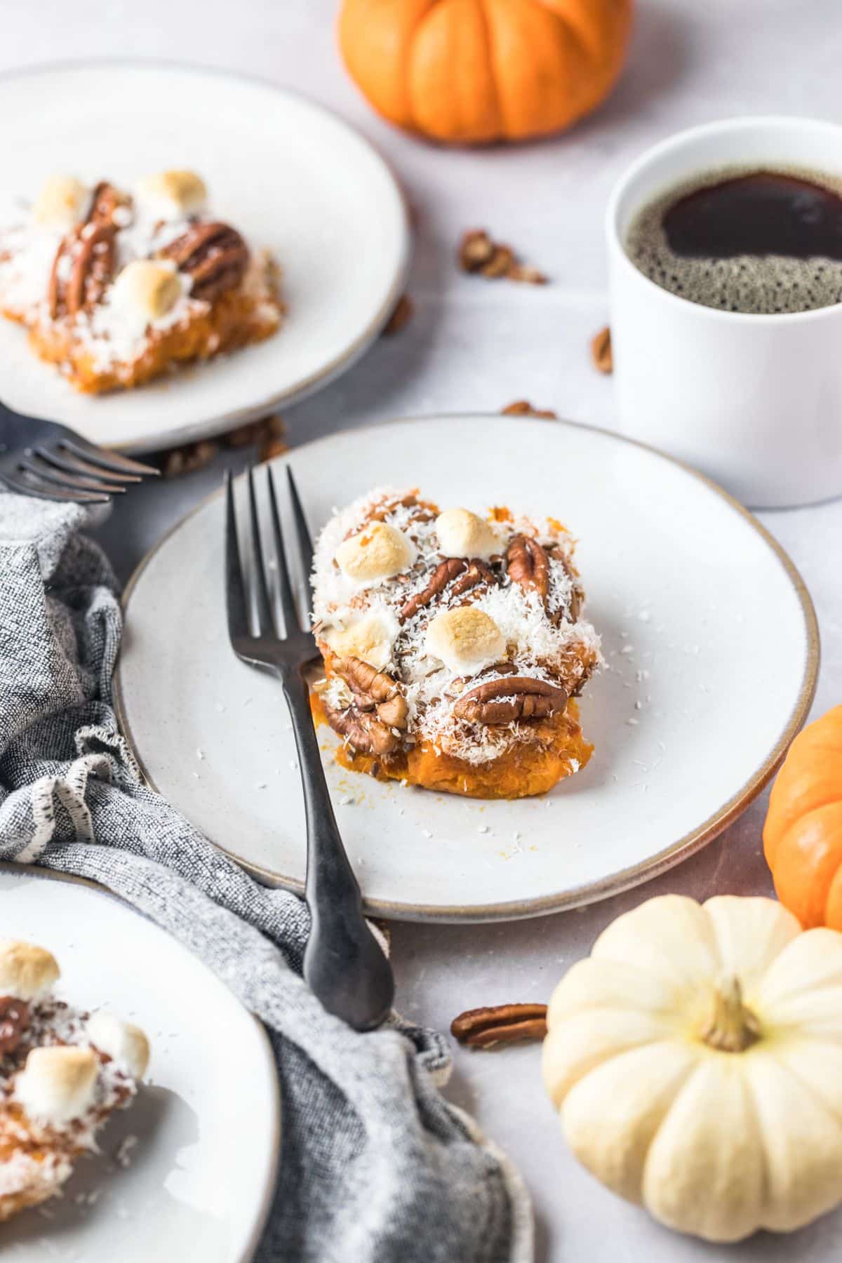 A slice of healthy sweet potato casserole on a plate.
