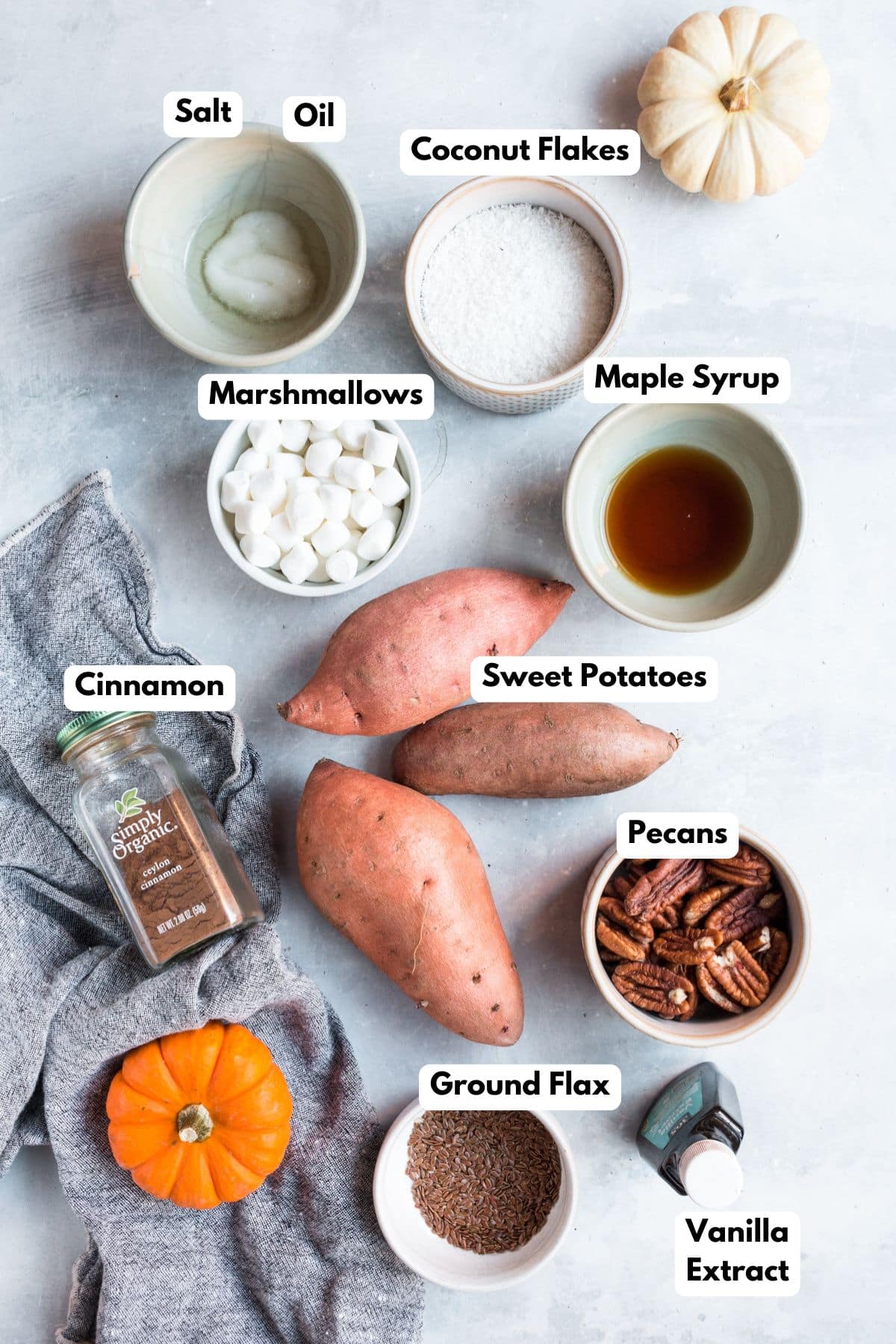Ingredients for making healthy sweet potato casserole in bowls.