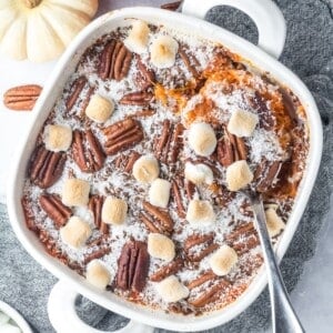 Healthy sweet potato casserole in a baking dish.