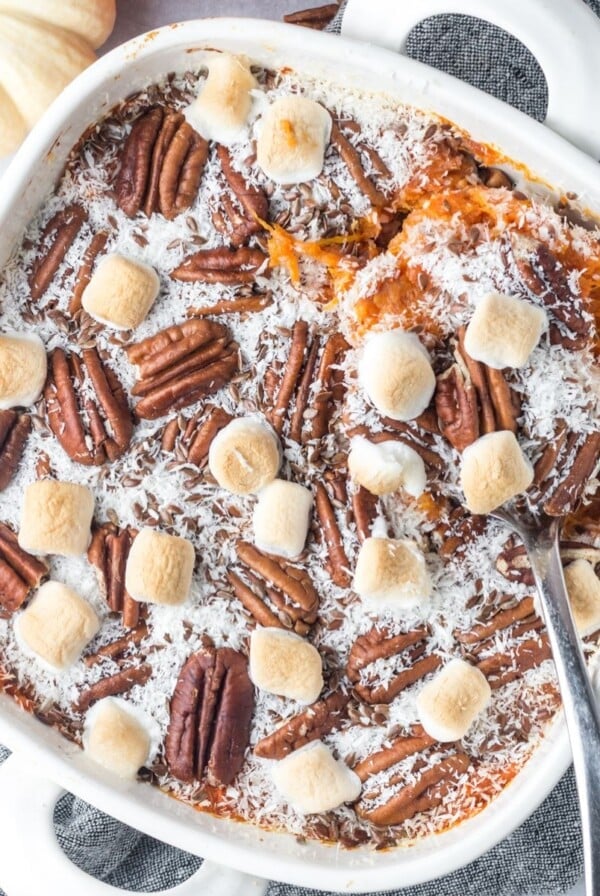 Healthy sweet potato casserole in a baking dish.